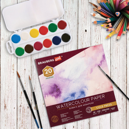 Альбом для акварели, бумага 230 г/м2, 250х250 мм, среднее зерно, 20 листов, склейка, BRAUBERG ART "PREMIERE", 113216 - Альбомы и бумага для акварели и масла