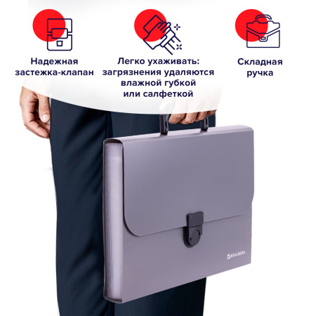 Папка-портфель пластиковая BRAUBERG "ПРОЕКТ", А4 (330х240х35 мм), 13 отделений, серый, РОССИЯ, 226027 - Портфели пластиковые