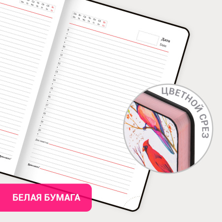 Ежедневник недатированный А5 (138х213 мм), BRAUBERG VISTA, под кожу, гибкий, 136 л., "Birds", 112021 - Ежедневники с покрытием "под кожу и ткань"