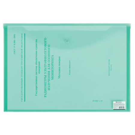 Папка-конверт с кнопкой БОЛЬШОГО ФОРМАТА (305х435 мм), А3, прозрачная, зеленая, 0,18 мм, BRAUBERG, 224033 - Папки-конверты с кнопкой