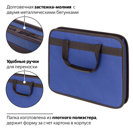 Папка на молнии с ручками STAFF "EVERYDAY", А4, твердые стенки, ткань, синяя, 228345 - Папки-сумки с ручками