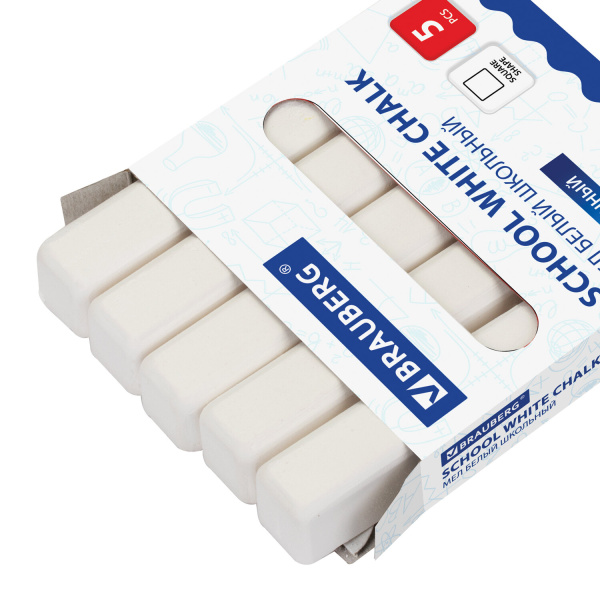 Мел белый BRAUBERG, набор 5 шт., утолщенный, квадратный, 227444 - Мелки