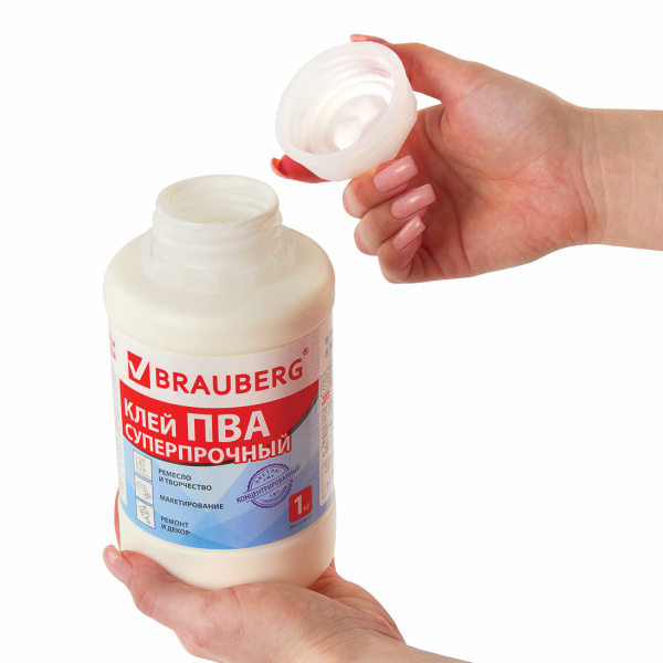 Клей ПВА BRAUBERG, 1 кг, суперпрочный (керамика, ткань, кожа, дерево, бумага, картон), 600984 - Клей ПВА