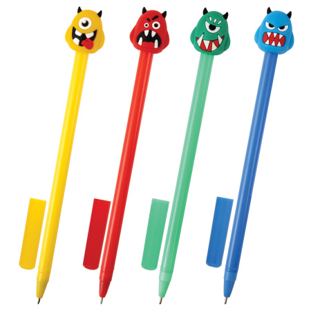 Ручка с топпером шариковая ЮНЛАНДИЯ "Монстрик", корпус ассорти, СИНЯЯ, пишущий узел 0,7 мм, 143798 - Ручки фигурные