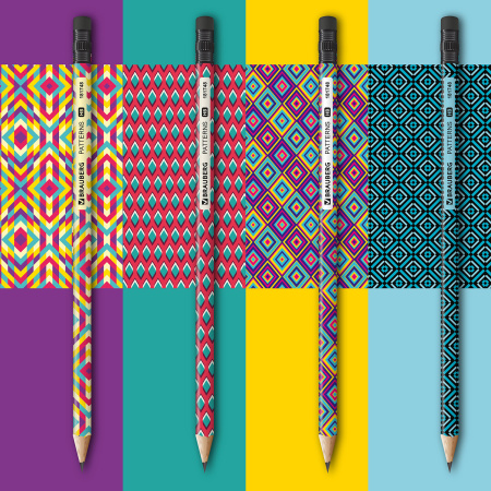 Карандаш чернографитный BRAUBERG "PATTERNS", 1 шт., HB, с ластиком, корпус ассорти, 181748 - Карандаши чернографитные