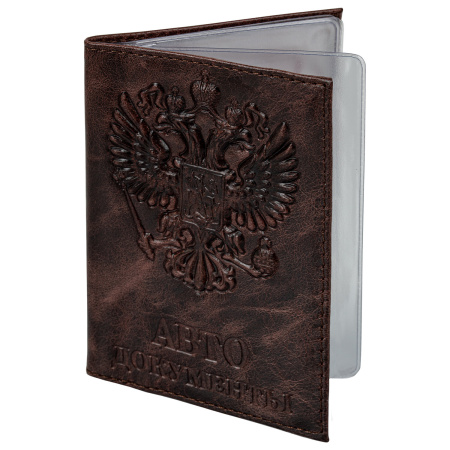 Обложка для автодокументов натуральная кожа пулап, 3D герб + тиснение, темно-коричневая, BRAUBERG, 238195 - Обложки для автодокументов и бумажники водителя