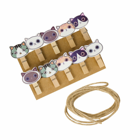 Прищепки декоративные "Котики", 10 штук, 3,5 см, ассорти, со шпагатом, ОСТРОВ СОКРОВИЩ, 662673 - Прищепки для творчества