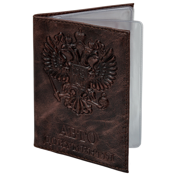 Обложка для автодокументов натуральная кожа пулап, 3D герб + тиснение, темно-коричневая, BRAUBERG, 238195 - Обложки для автодокументов и бумажники водителя