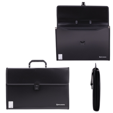 Папка-портфель пластиковая BRAUBERG ПРЕЗИДЕНТ А4 (390х260х40 мм), 3 отделения, черная, РОССИЯ, 226022 - Портфели пластиковые