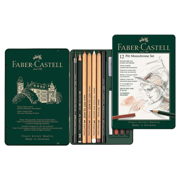 Набор художественный FABER-CASTELL "Pitt Monochrome", 12 предметов, металлическая коробка, 112975 - Профессиональные наборы для художников