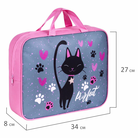 Папка на молнии с ручками BRAUBERG А4, 1 отделение, полиэстер, 80 мм, "Elegant cat", 271481 - Папки-сумки с ручками