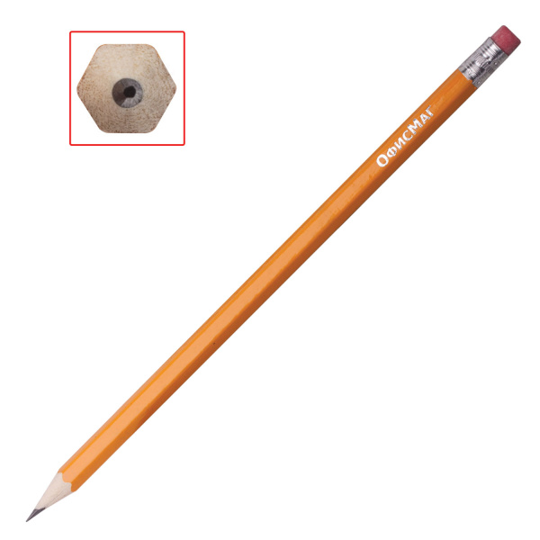 Карандаши чернографитные простые с ластиком HB, ВЫГОДНАЯ УПАКОВКА КОМПЛЕКТ 12 штук, ОФИСМАГ, 180638 - Карандаши чернографитные