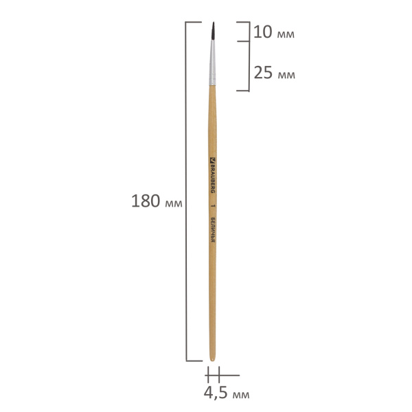 Кисть BRAUBERG, белка, круглая, № 1, 200178 - Кисти для рисования