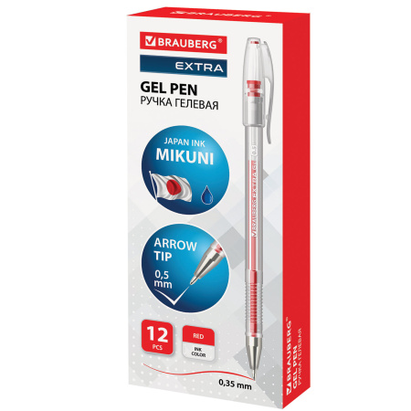 Ручка гелевая BRAUBERG "EXTRA", КРАСНАЯ, корпус прозрачный, узел 0,5 мм, линия 0,35 мм, 143903 - Ручки гелевые неавтоматические