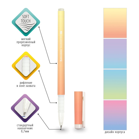 Ручка шариковая BRAUBERG SOFT TOUCH GRIP "GRADE PASTEL", СИНЯЯ, мягкое покрытие, ассорти, узел 0,7 мм, 143711 - Ручки шариковые неавтоматические
