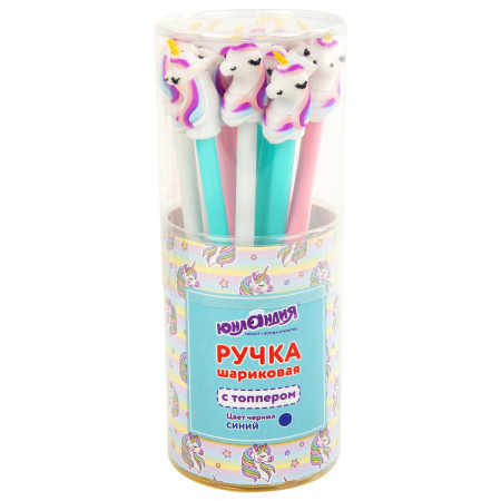 Ручка с топпером шариковая ЮНЛАНДИЯ "Единорожка", корпус ассорти, СИНЯЯ, пишущий узел 0,7 мм, 143806 - Ручки фигурные