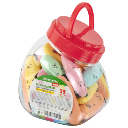 Текстовыделитель мини BRAUBERG KIDS "CUTE CATS PASTEL", АССОРТИ В ПЛАСТИКОВОЙ БАНКЕ, линия 1-5 мм, 152434. - Текстовыделители