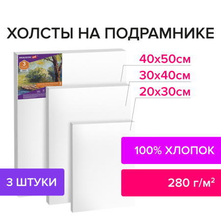 Холсты на подрамнике BRAUBERG ART DEBUT, НАБОР 3шт, 280г/м, грунт, 100% хлопок, мелкое зерно, 191649 - Холсты