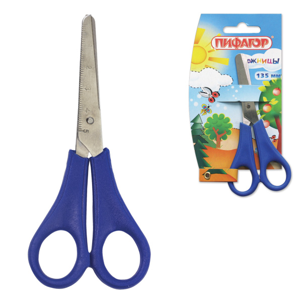Ножницы ПИФАГОР, 135 мм, с линейкой, цвет ассорти, в картонной упаковке с европодвесом, 231163 - Ножницы детские