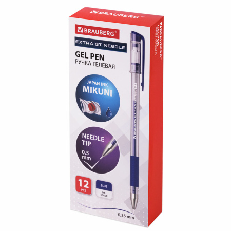 Ручка гелевая с грипом BRAUBERG "EXTRA GT NEEDLE", СИНЯЯ, игольчатый узел 0,5 мм, линия 0,35 мм, 143916 - Ручки гелевые неавтоматические