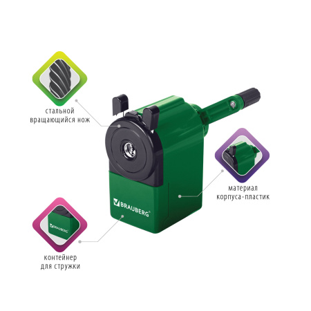 Точилка механическая BRAUBERG "JET", металлический механизм, корпус зеленый, 229571 - Точилки механические