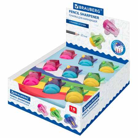 Точилка BRAUBERG "JET", 3 угла заточки, пластиковая с контейнером, ассорти, 223591 - Точилки ручные