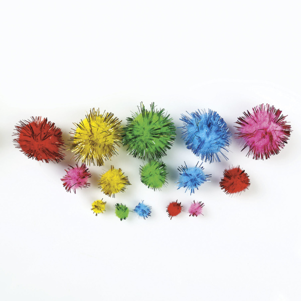 Помпоны для творчества, блестящее ассорти, 5 цветов, 8 мм/15 мм/25 мм, 100 шт., ОСТРОВ СОКРОВИЩ, 661437 - Помпоны для творчества