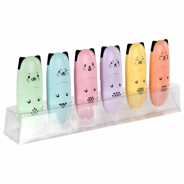 Набор текстовыделителей мини 12 ЦВЕТОВ BRAUBERG KIDS "CUTE CATS", линия 1-5 мм, 152437 - Текстовыделители