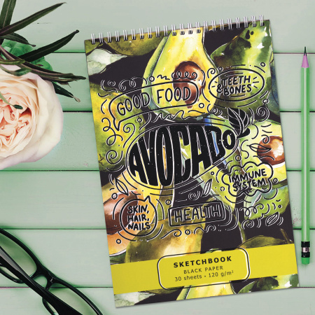 Скетчбук, черная бумага 120 г/м2, 195х300 мм, 30 л., гребень, SoftTouch, выборочный лак, "Авокадо", 97644 - Альбомы, скетчбуки и бумага для графики и эскизов