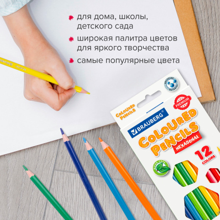 Карандаши цветные BRAUBERG PREMIUM, 12 цветов, пластиковые, шестигранные, грифель мягкий 3 мм, 181666 - Карандаши цветные