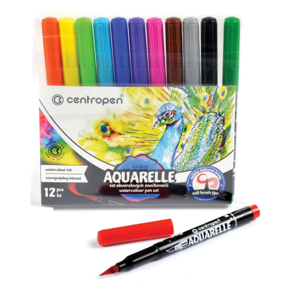 Маркеры-кисти акварельные 12 ЦВЕТОВ CENTROPEN "Aquarelle", линия письма 1-9 мм, 8683/12ET, 6 8683 1201 - Скетчмаркеры в наборах