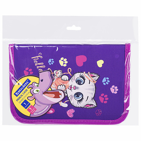 Пенал BRAUBERG, 1 отделение, 1 откидная планка, полиэстер, 21х14 см, "Playing kitty", 271521 - Пеналы каркасные