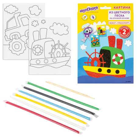 Набор для творчества "Картина из цветного песка", "Транспорт", 2 самоклеящиеся основы 20х15 см, 662367 - Изготовление фресок