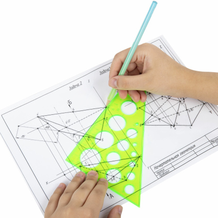 Треугольник пластиковый, угол 30, 19 см, BRAUBERG, с окружностями, прозрачный, неоновый, ассорти, 210619 - Треугольники