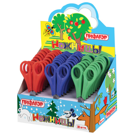 Ножницы ПИФАГОР, 135 мм, с линейкой, ассорти, в дисплее, 230936 - Ножницы детские