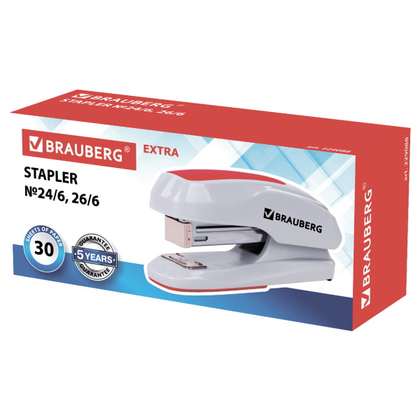 Степлер №24/6, 26/6 BRAUBERG "Extra", до 30 листов, серо-красный, 229088 - Степлеры настольные