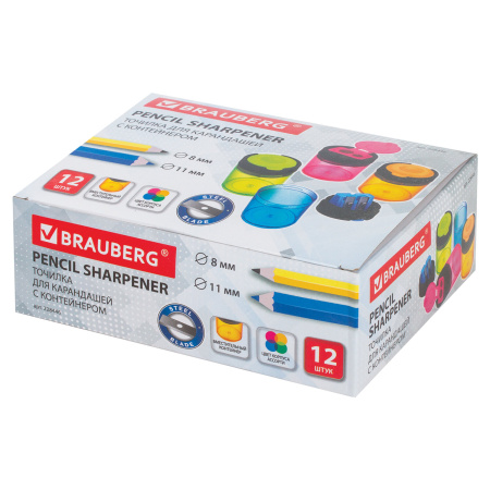 Точилка BRAUBERG "Office Round", 2 отверстия для чернографитных карандашей (в том числе утолщенных), с контейнером, ассорти, 228446 - Точилки ручные