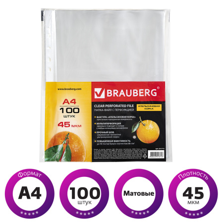 Папки-файлы перфорированные А4 BRAUBERG, КОМПЛЕКТ 100 шт., матовые, 45 мкм, 221713 - Папки перфорированные