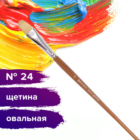 Кисть художественная профессиональная BRAUBERG ART CLASSIC, щетина, овальная, № 24, длинная ручка, 200738 - Кисти художественные из натурального волоса