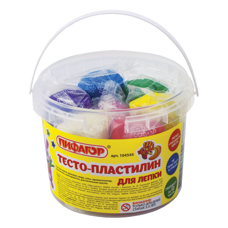 Пластилин на растительной основе (тесто для лепки) ПИФАГОР, 7 цветов, 420 г, пластиковое ведро, 104545 - Пластилин