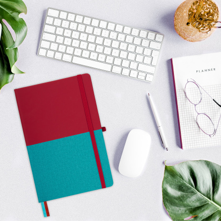 Блокнот А5 (148х218 мм), BRAUBERG "DUO", под кожу с резинкой 80 л., клетка, красный/бирюзовый, 113431 - Бизнес-блокноты и бизнес-тетради