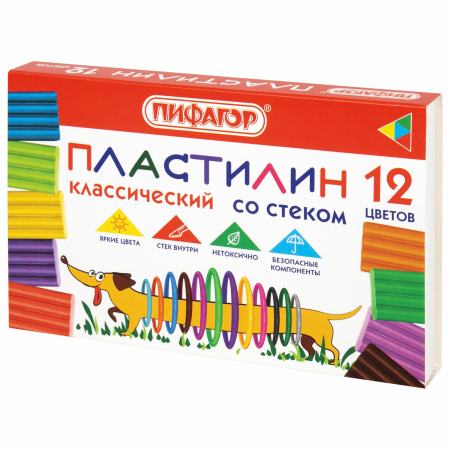 Пластилин классический ПИФАГОР "Веселая такса", 12 цветов, 180 г, СО СТЕКОМ, 106675 - Пластилин