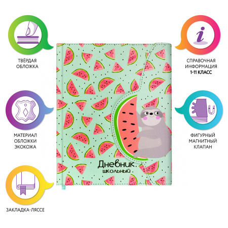 Дневник 1-11 класс 48 л., кожзам (твердая), магнитный клапан, ЮНЛАНДИЯ, "АРБУЗИКИ", 105952 - Дневники универсальные