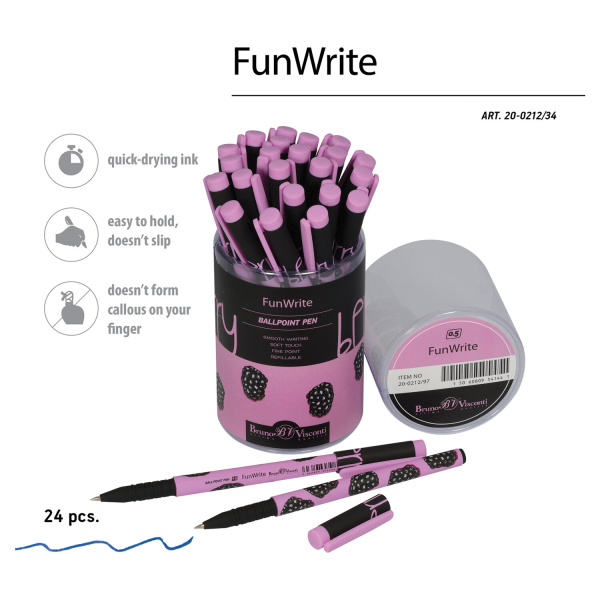 Ручка шариковая BRUNO VISCONTI FunWrite, СИНЯЯ, "Ягоды. Графика. Ежевика", линия письма 0,38 мм, 20-0212/97 - Ручки шариковые неавтоматические