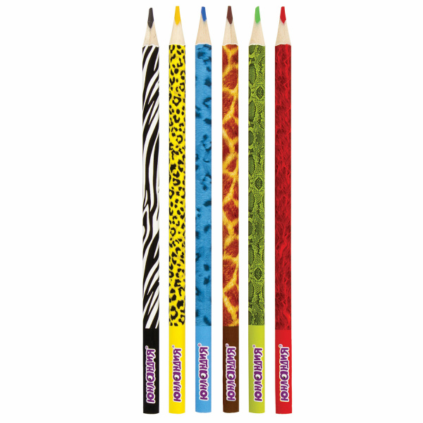 Карандаши цветные мягкие ЮНЛАНДИЯ "САФАРИ", 6 цветов, корпус с печатью, трехгранные, с раскраской, 181579 - Карандаши цветные