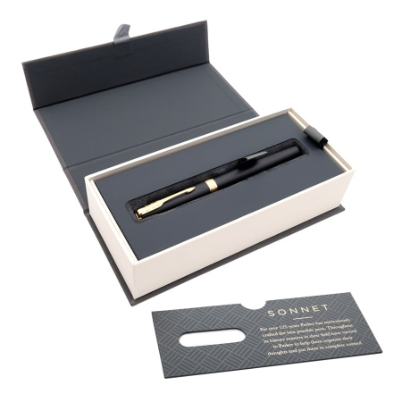 Ручка перьевая PARKER "Sonnet Core Matt Black GT", корпус черный матовый лак, позолоченные детали, черная, 1931516 - Ручки перьевые подарочные