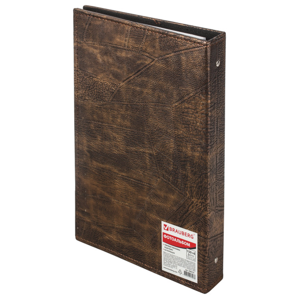 Фотоальбом BRAUBERG на 156 фото 10х15 см, под гладкую кожу, на кольцах, коричневый, 390470 - Фотоальбомы