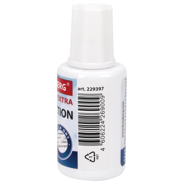 Корректирующая жидкость BRAUBERG EXTRA быстросохнущая, 20 мл, с кисточкой, 229397 - Корректирующие жидкости