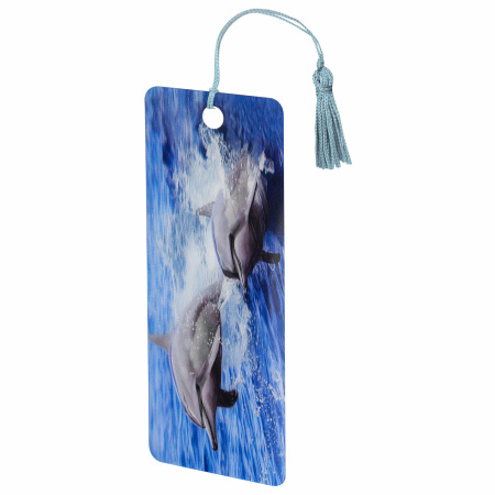 Закладка для книг с линейкой, 3D-объемная, BRAUBERG "Дельфины", с декоративным шнурком, 128094 - Закладки для книг