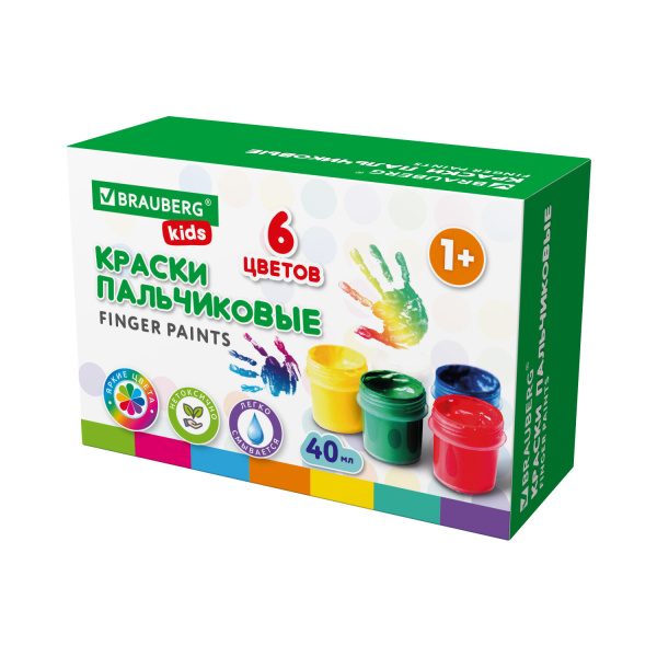 Краски пальчиковые для малышей от 1 года, КЛАССИКА, 6 цветов по 40 мл, BRAUBERG KIDS, 192396 - Краски для детского творчества